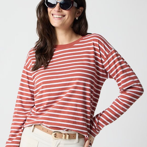 J. Crew Rock Red Long-Sleeve Striped Tee/NWT/L - Picture 1 of 10
